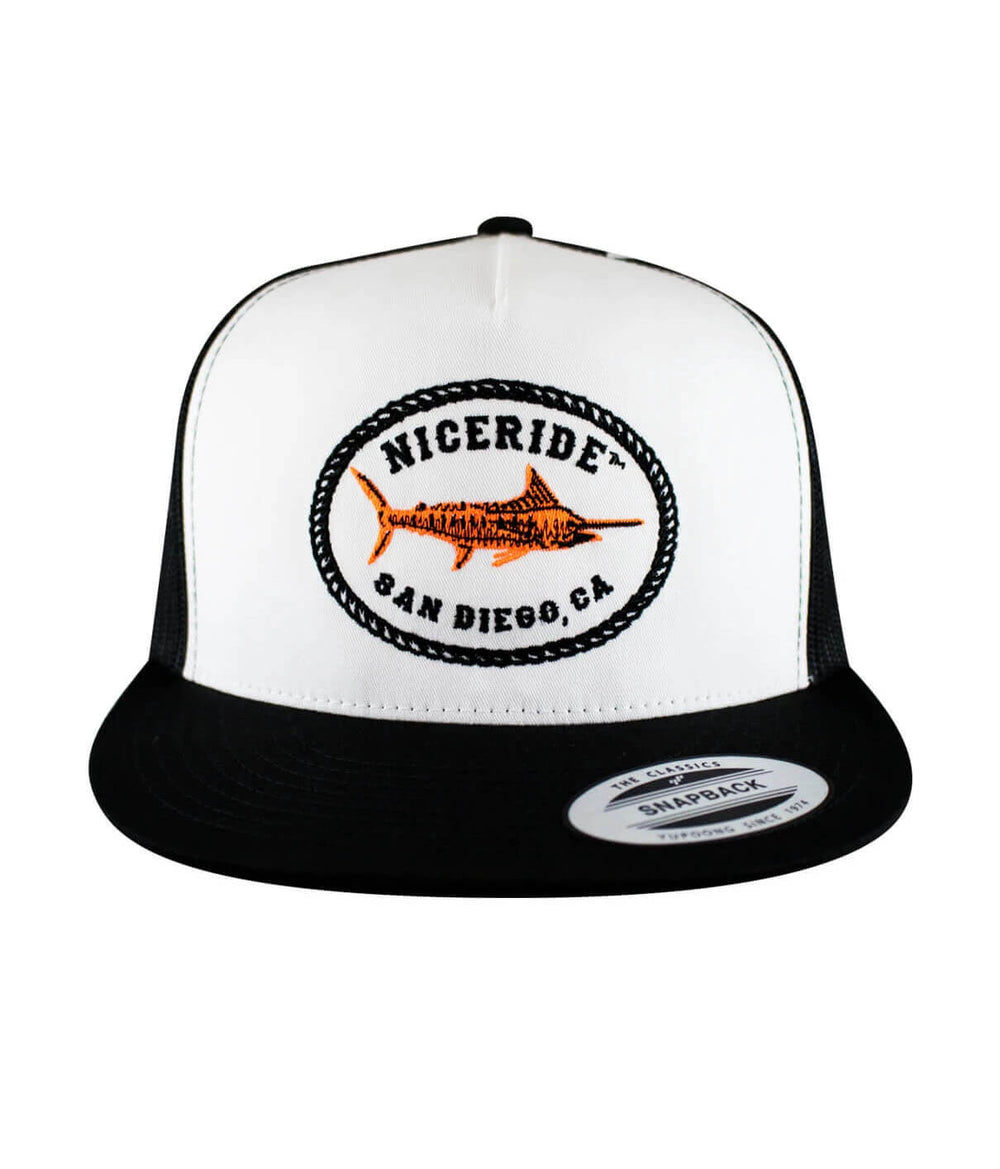 Reeling It In Trucker Hat, a fishing hat with NICERIDE's design embroidered, classic snapback style.
