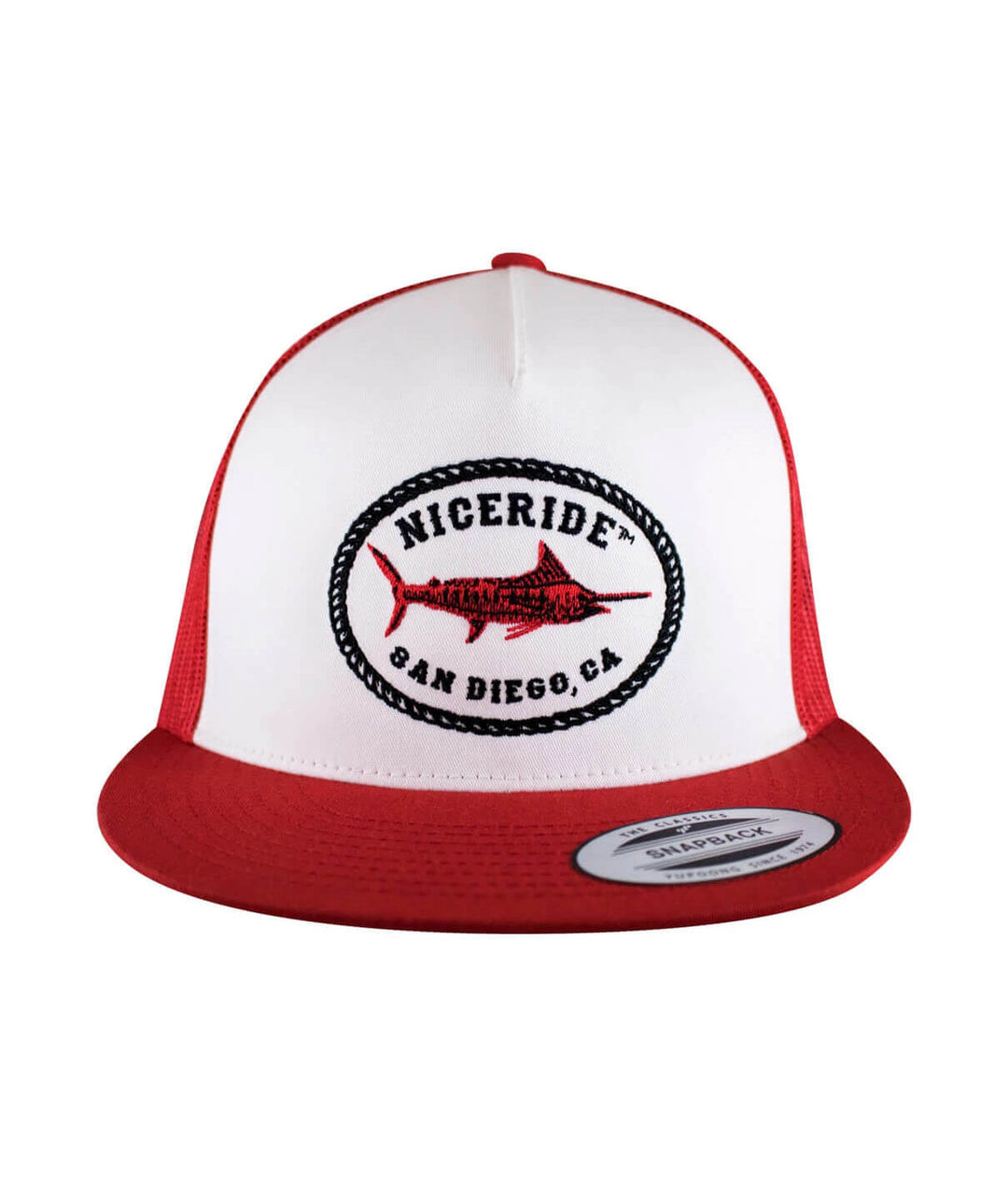Reeling It In Trucker Hat, NICERIDE embroidered design, classic fishing hat, red and white snapback hat.