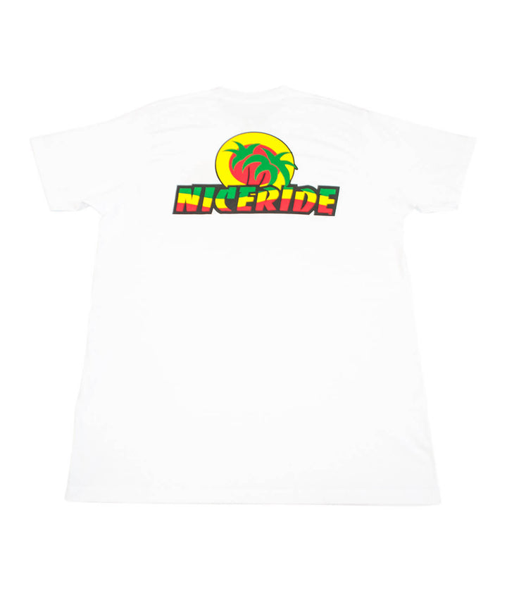 White shirt featuring NICERIDE sunset logo in rasta colors on the back for a vibrant casual look.