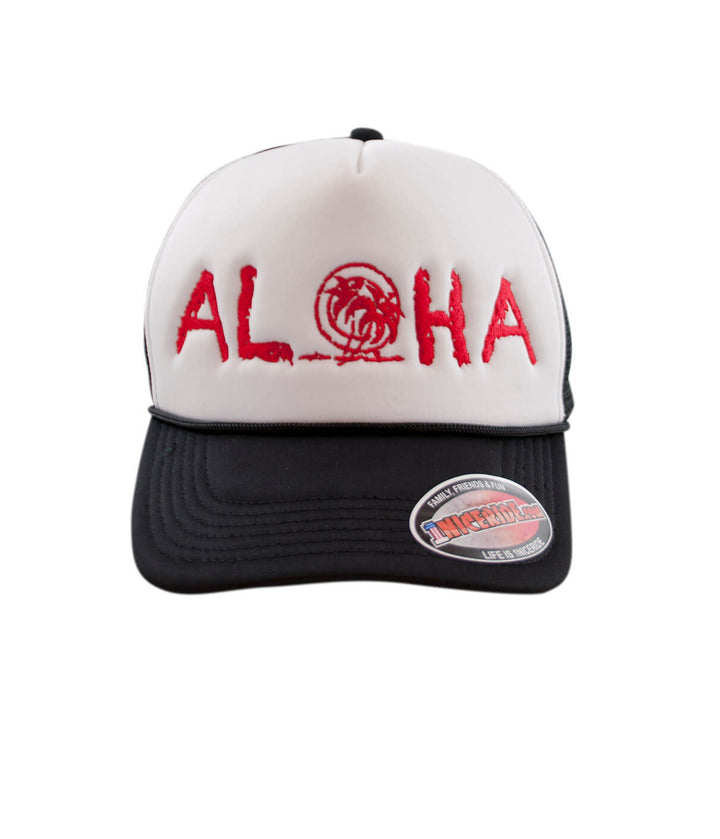 Maui Foam Trucker Cap with embroidered ALOHA logo and NICERIDE branding, perfect summer hat.