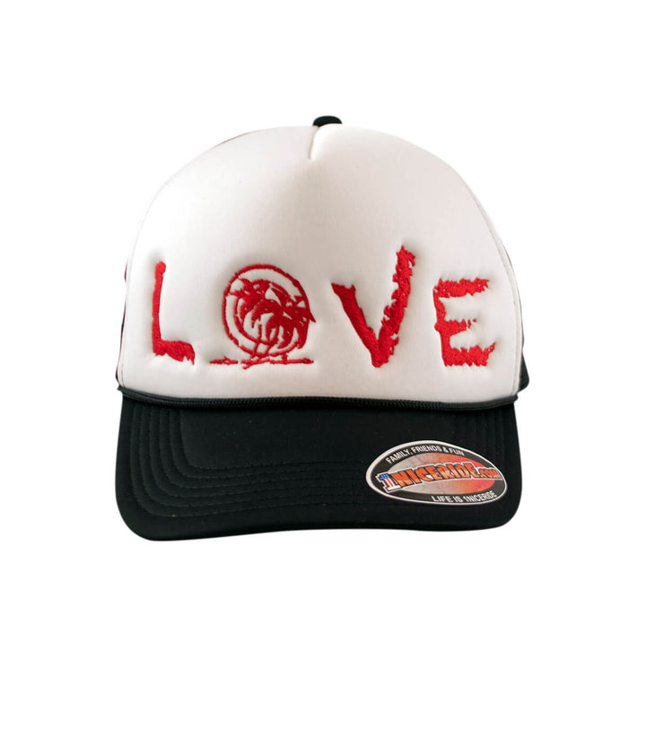 LOVE foam trucker cap featuring embroidered palm logo, classic hat design for casual wear.