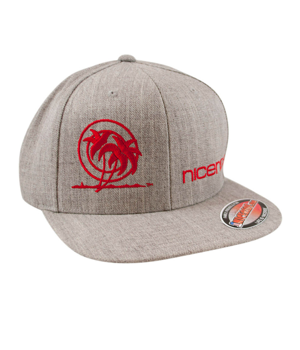 Palm Tower Heather Grey Snapback Hat featuring NICERIDE's palm logo embroidered on the front, perfect for casual style.