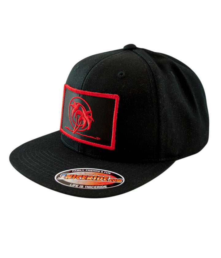 Urban Fever Snapback Hat featuring blacked out palm patch and red accents.
