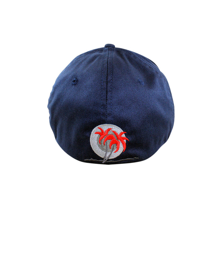 Back view of the Hang 20 Classic Flexfit Hat featuring a blacked out palm logo embroidered on a navy blue cap.