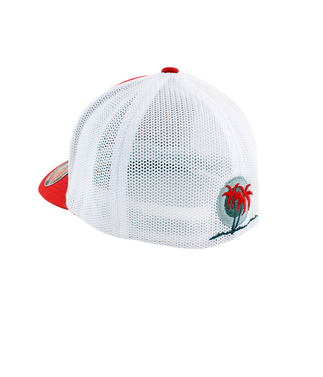 Back view of the Sunrise Meshback Flexfit Hat featuring a palm logo, perfect for sunny days.