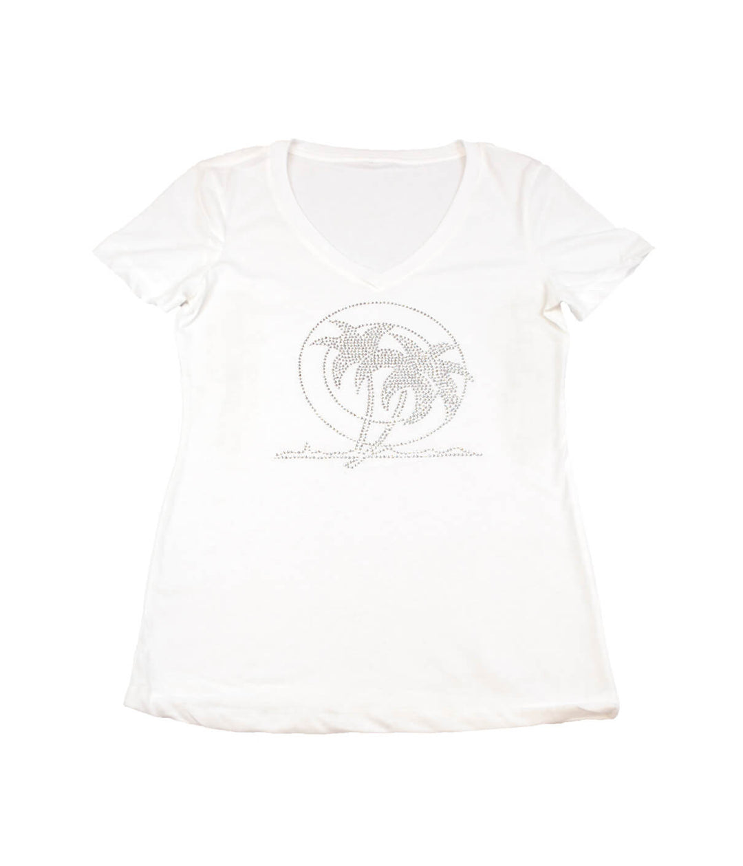 Palm Springs white v-neck shirt with rhinestone palm logo, made from 100% cotton, soft and comfortable.
