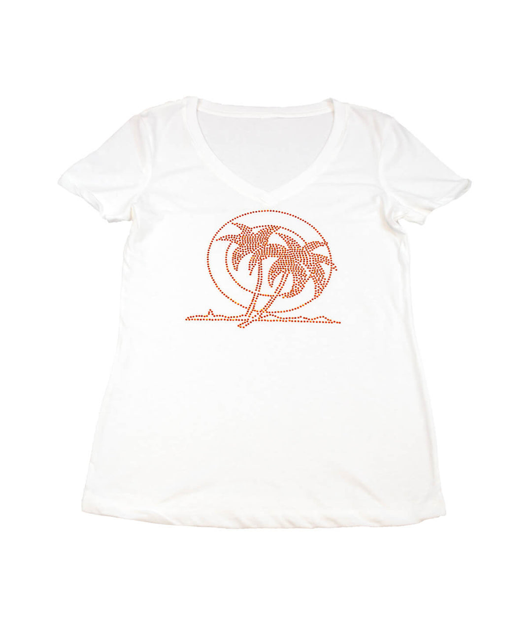 Palm Springs white v-neck shirt with rhinestone palm logo, 100% cotton, soft and comfortable.