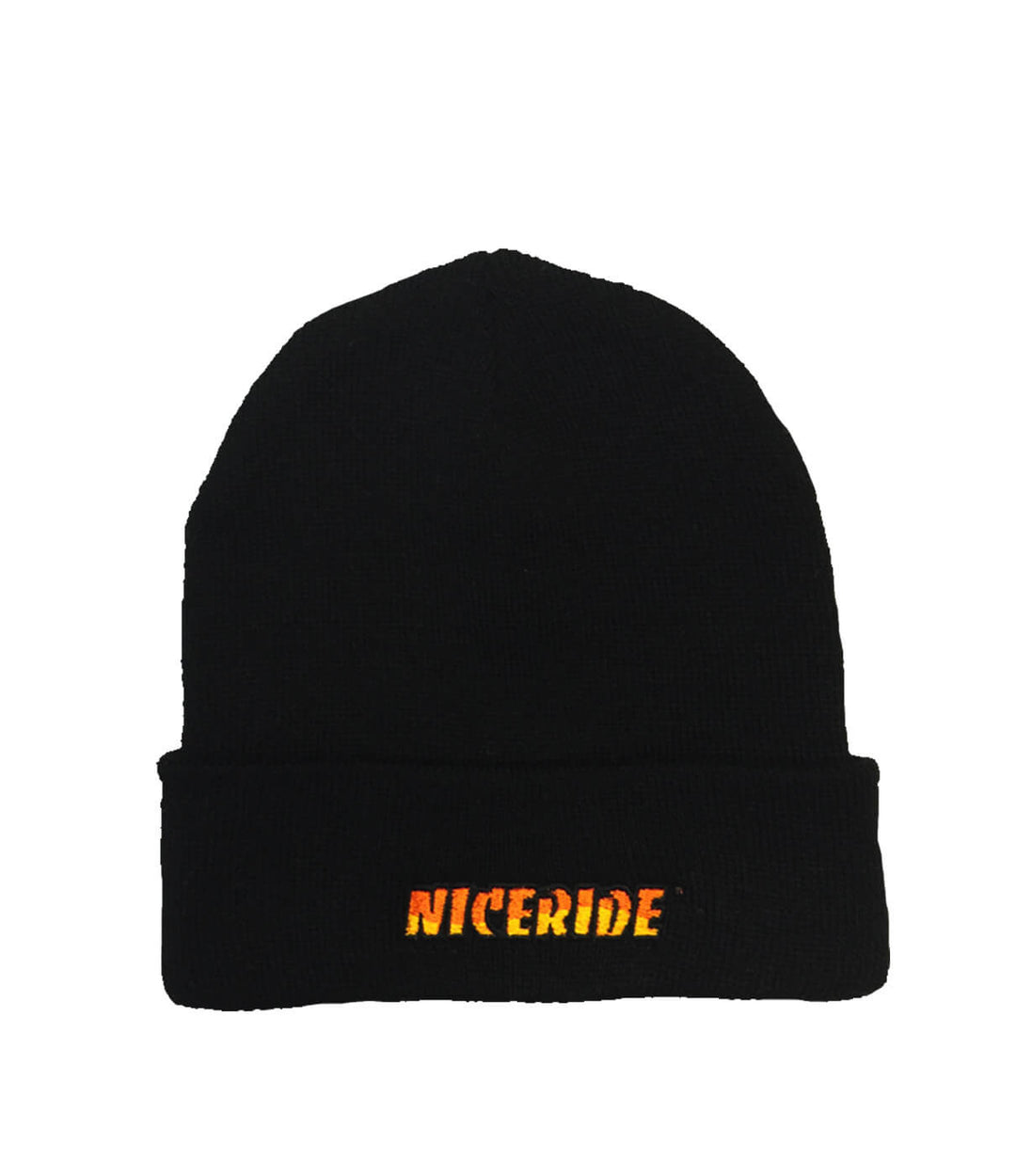Classic NICERIDE cuffed beanie in black with embroidered logo, perfect for style and warmth.