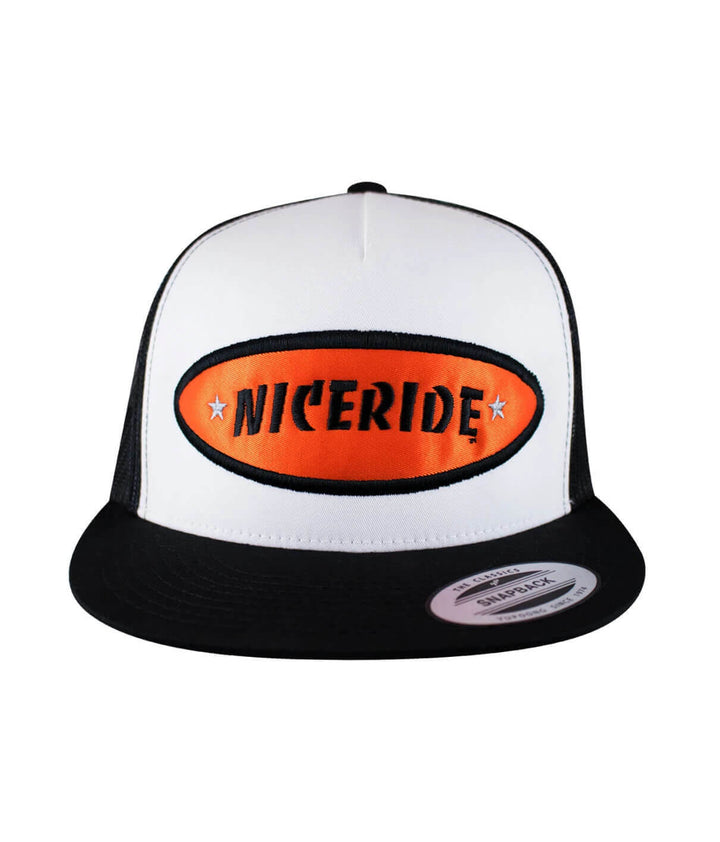 NICERIDE Shield Trucker Cap hat with embroidered patch, classic snapback style in black and white.