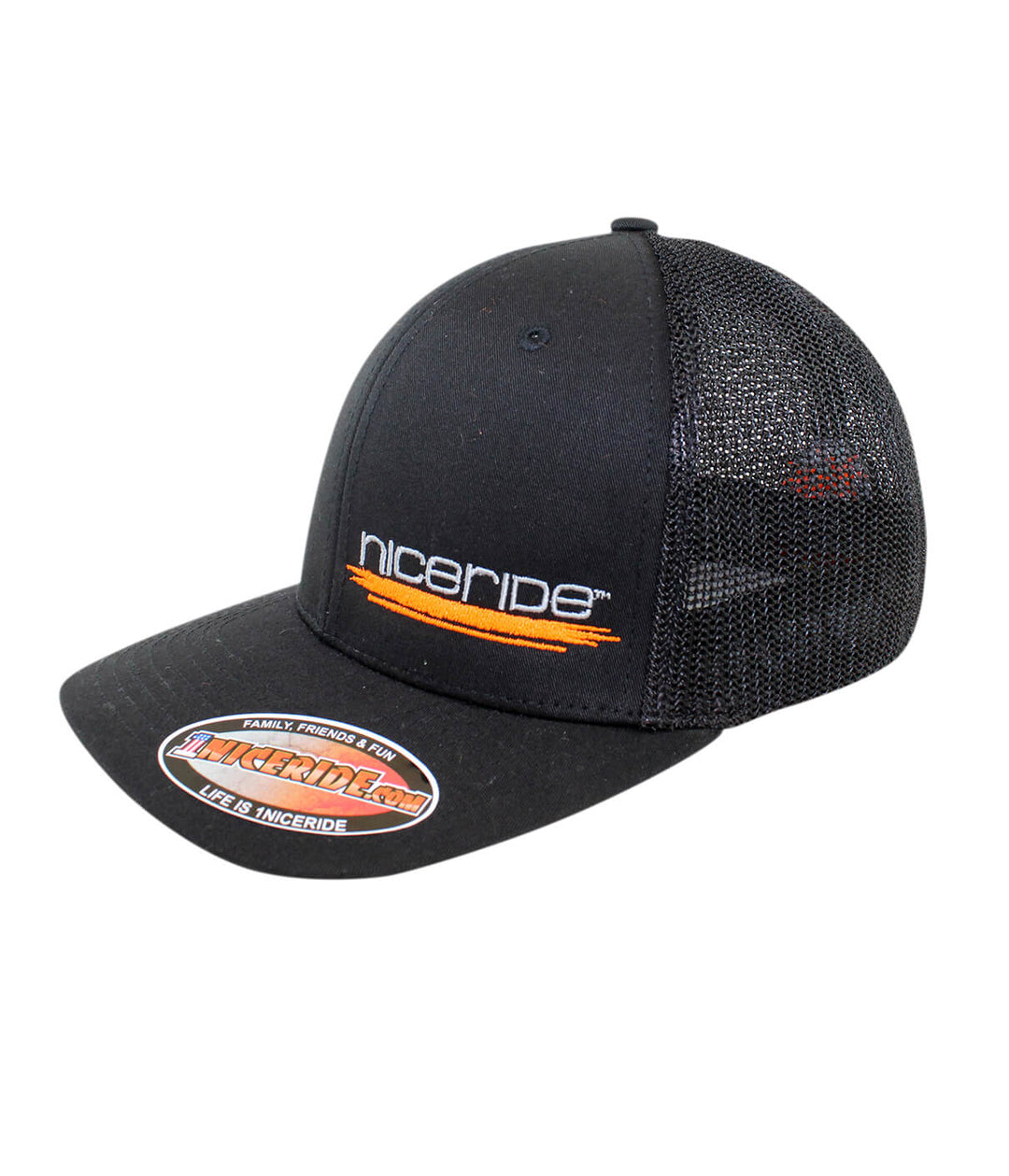 Sunrise Meshback Flexfit Hat with NICERIDE design and palm logo, perfect for style and comfort.
