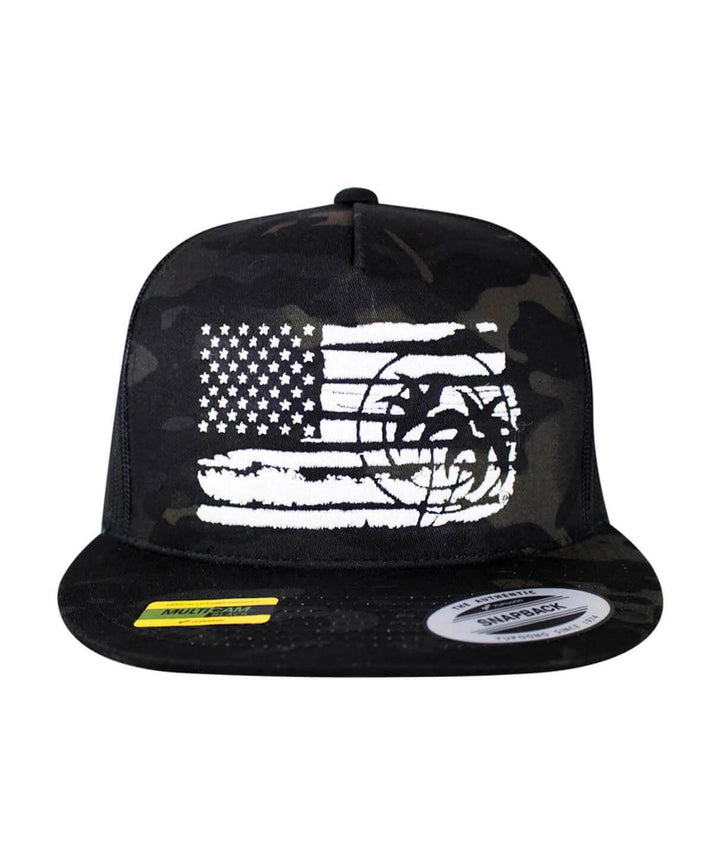 Black camo trucker hat featuring a white American flag design and NICERIDE embroidered logo.