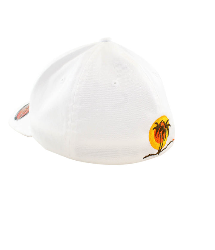 Back view of the Sunset Classic Flexfit Hat showcasing palm logo design and sunset colors, white cap, perfect summer hat.