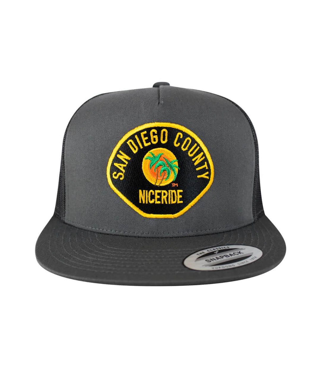 The Badge hat featuring San Diego County design with NICERIDE embroidery on a classic snapback trucker style.