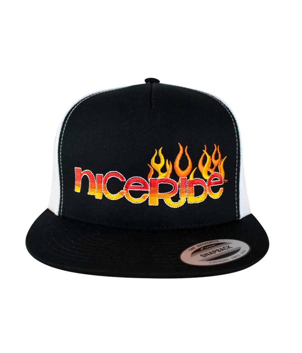 Trucker hat featuring NICERIDE's "Tribal Fire" design embroidered on the front panel, showcasing vibrant flames.