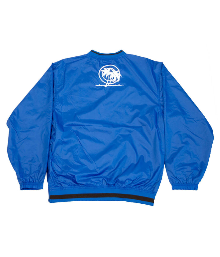 Classic Palm unisex windbreaker pullover with blue exterior and embroidered logo on the back.