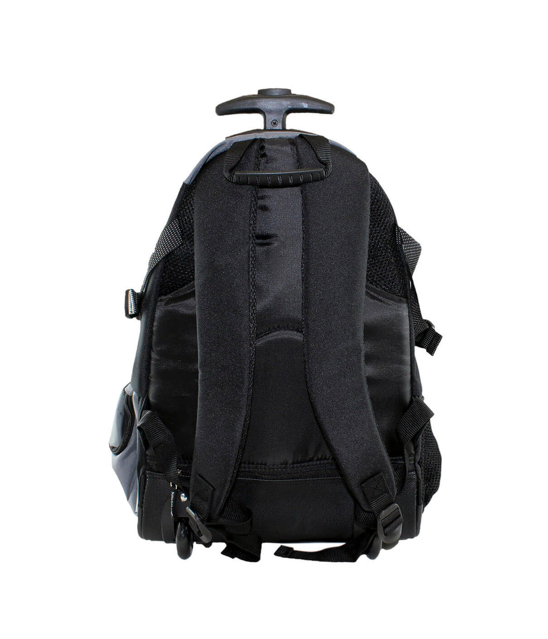 Back view of the Hall Pass backpack with wheels and handle, designed for easy travel.
