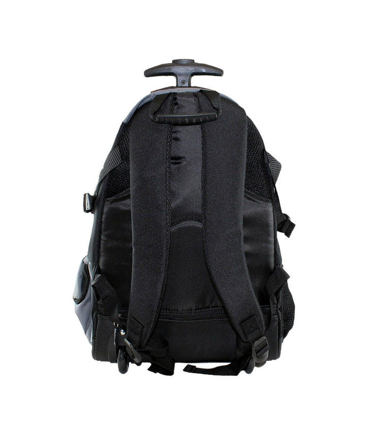 Back view of the Hall Pass backpack with wheels and handle, designed for easy travel.
