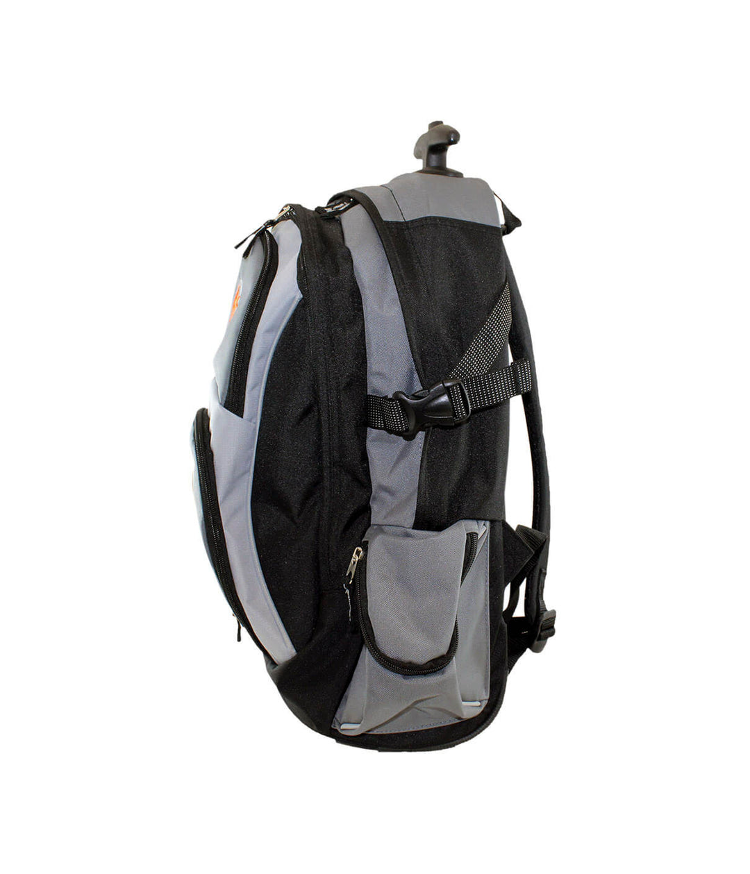 Side view of the Hall Pass backpack, black and grey, ideal for traveling and featuring a handle for easy rolling.