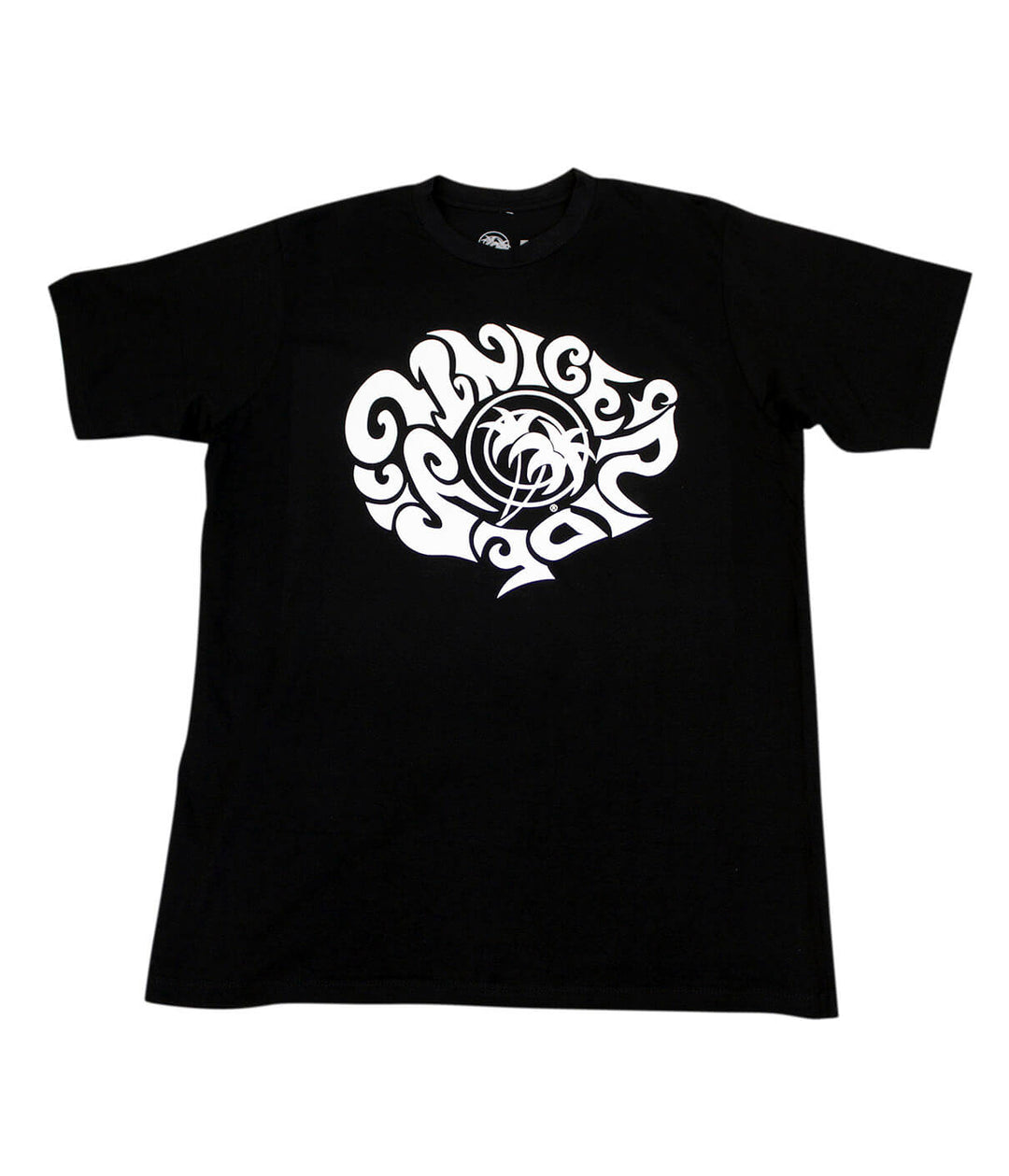 Austin P t-shirt featuring unique white design on black fabric, premium fit, 100% combed cotton, made in the USA.