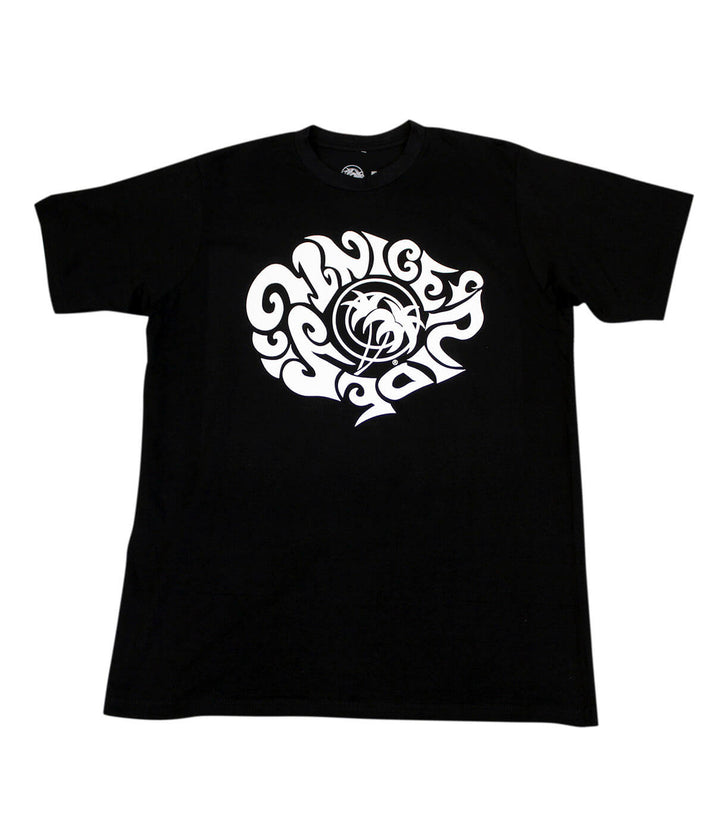 Austin P t-shirt featuring unique white design on black fabric, premium fit, 100% combed cotton, made in the USA.
