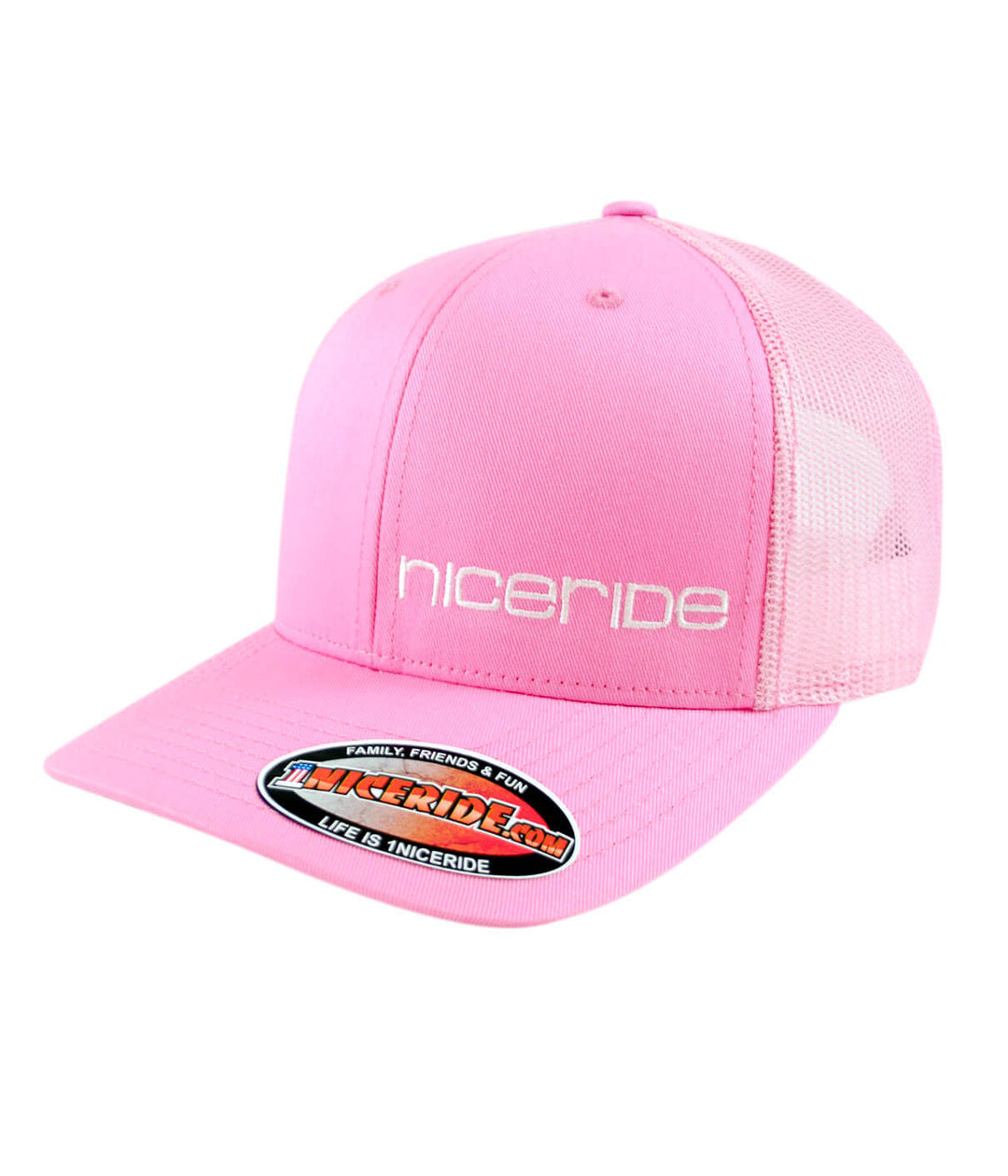 Tower Pink Retro Trucker Hat with NICERIDE logo on front left panel, a stylish hat for casual wear.