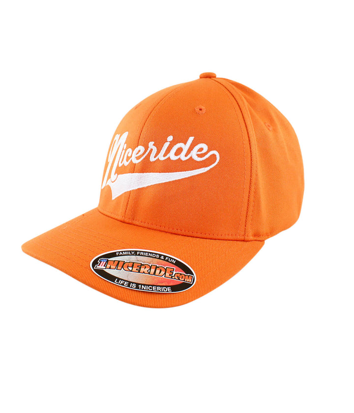 Play Ball Classic Flexfit hat in vibrant orange with NICERIDE logo embroidered on the front.