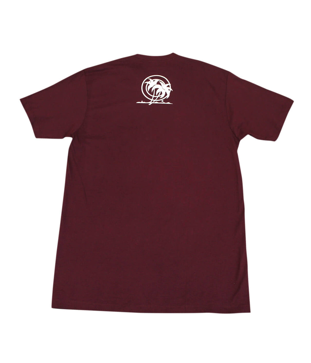 Back view of maroon "Austin P" t-shirt featuring Stenciled Palm Logo printed on the rear center yoke.