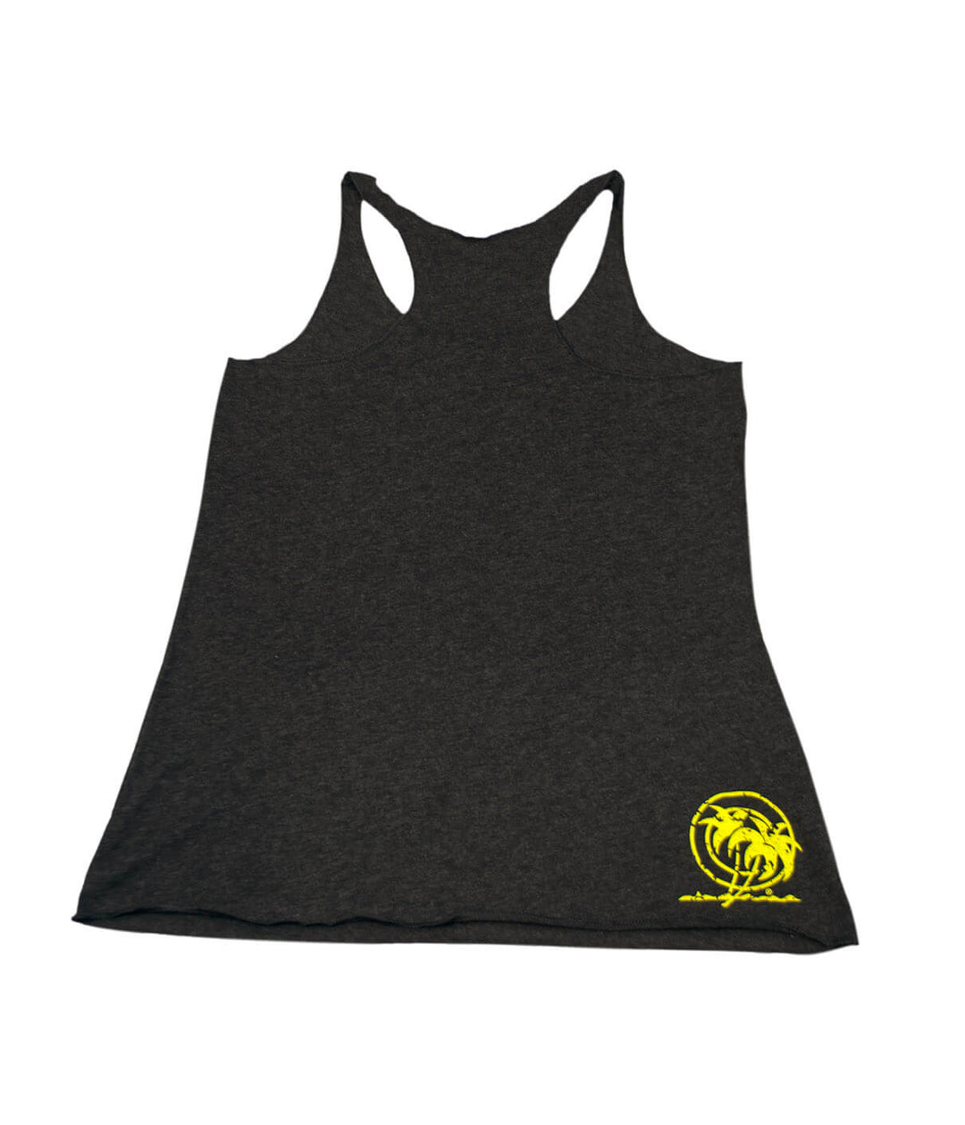 Black vintage tank top for women with racerback design and yellow palm logo on the right hip, perfect for casual wear and summer.