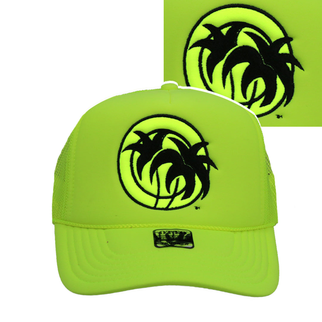 Hot Foam Foam Trucker Hat with palm tree logo in bright neon yellow color and mesh back, perfect summer hat.
