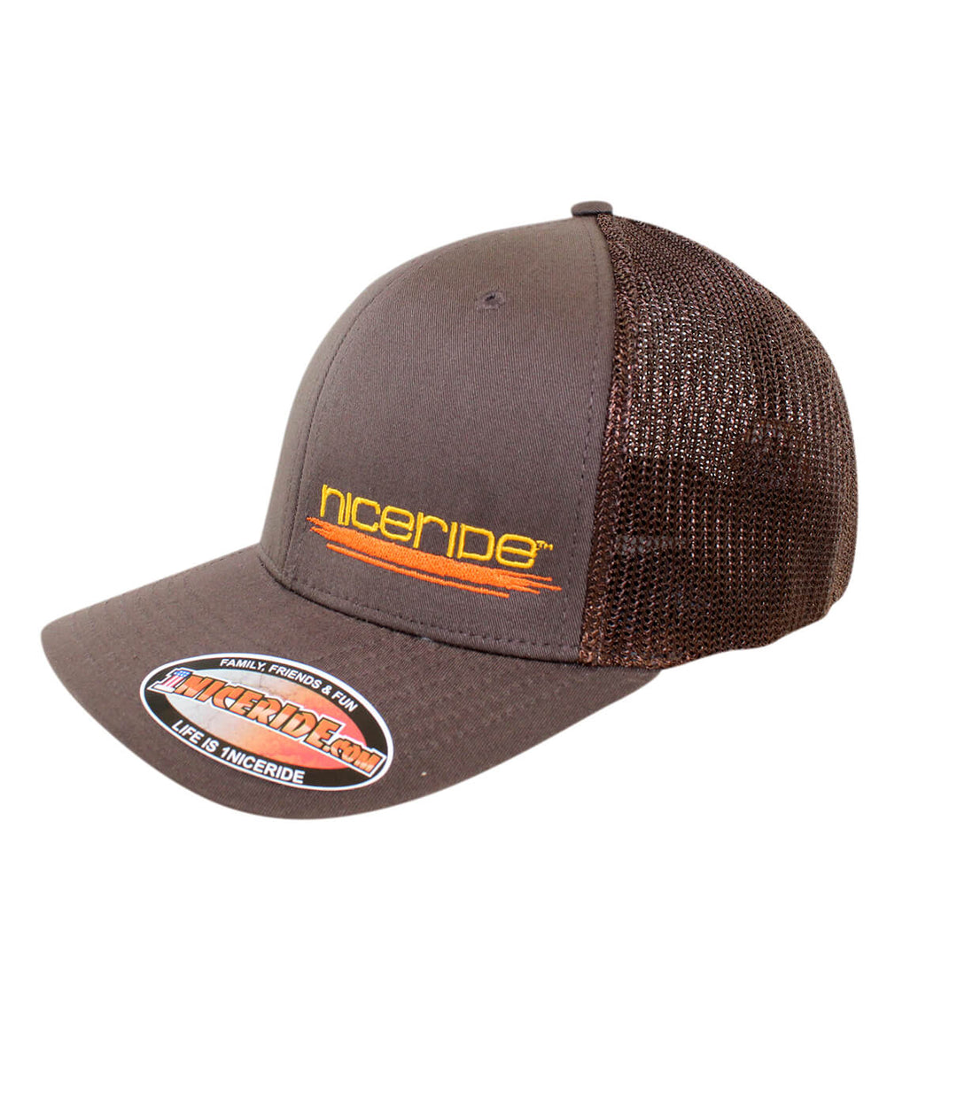Sunrise Meshback Flexfit Hat by NICERIDE with classic palm logo on back, designed and embroidered in the USA.