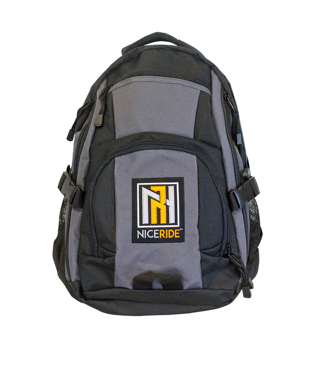 N-R Backpack by NICERIDE, an urban backpack in black and dark grey with padded laptop sleeve and embroidered logo.