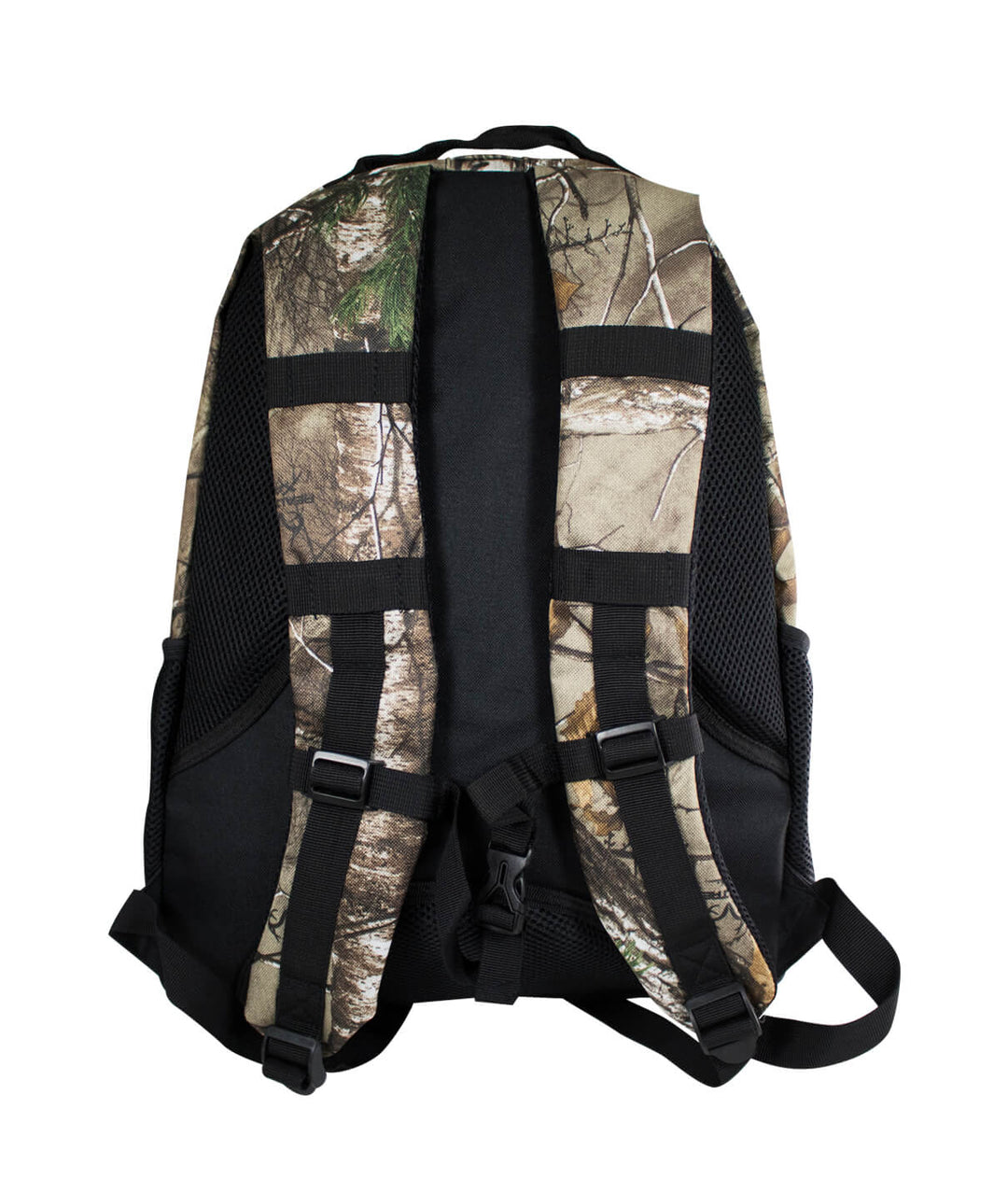 Back of INTERSTATE 619 camo backpack featuring Realtree Xtra design and padded shoulder straps.