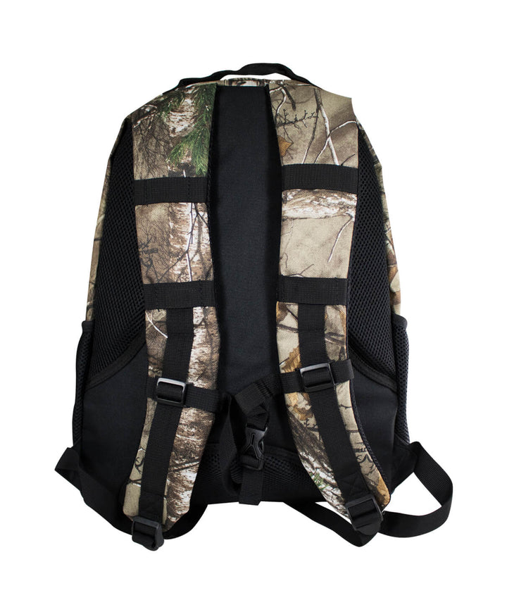 Back of INTERSTATE 619 camo backpack featuring Realtree Xtra design and padded shoulder straps.