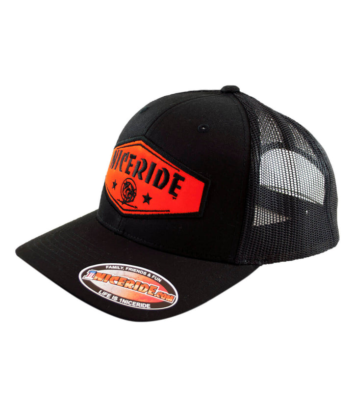Chevron - Orange Black Retro Trucker Hat with NICERIDE patch, a classic style hat.