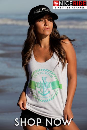 Model wearing a Salty tank top for women from NICERIDE in gray with green logo, promoting lifestyle apparel. Shop now!