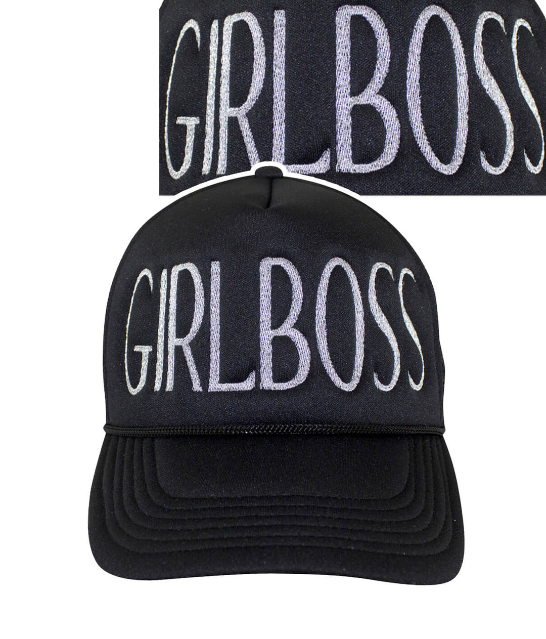 Girl Boss Foam Trucker Hat with embroidered text on front panel and side, designed for stylish looks.