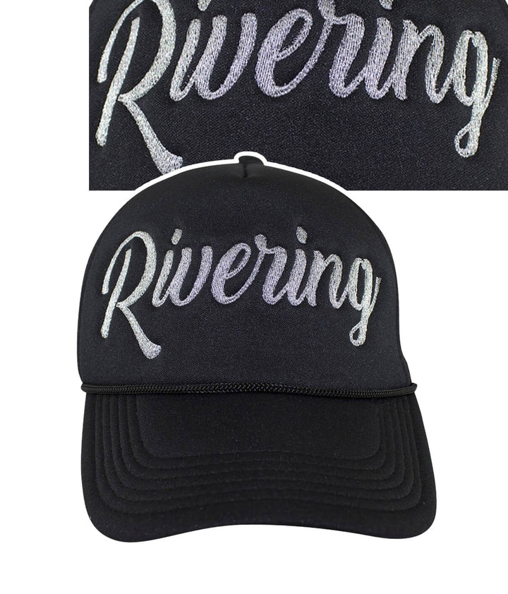 Black foam trucker hat featuring "Rivering" embroidered on the front, perfect for river outings.