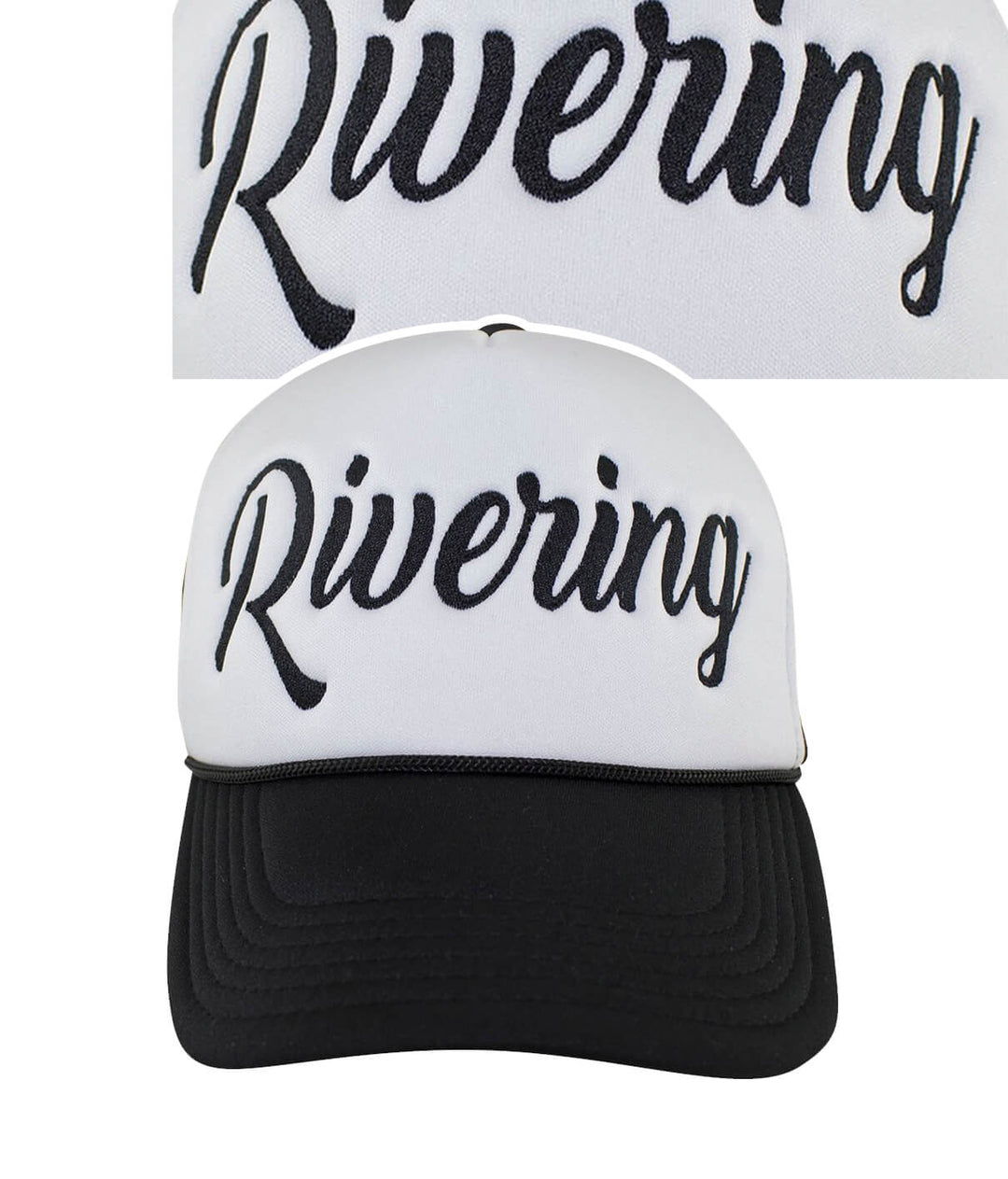 Front view of the "Rivering" Foam Trucker Hat featuring river-themed embroidered design.
