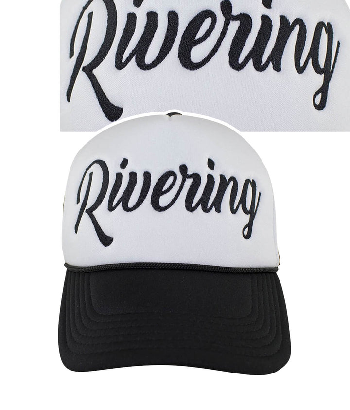 Front view of the "Rivering" Foam Trucker Hat featuring river-themed embroidered design.