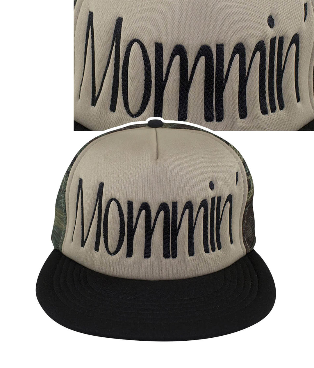 Camo Foam Trucker Hat featuring 'Mommin'' embroidered on the front panel, perfect stylish hat for moms.