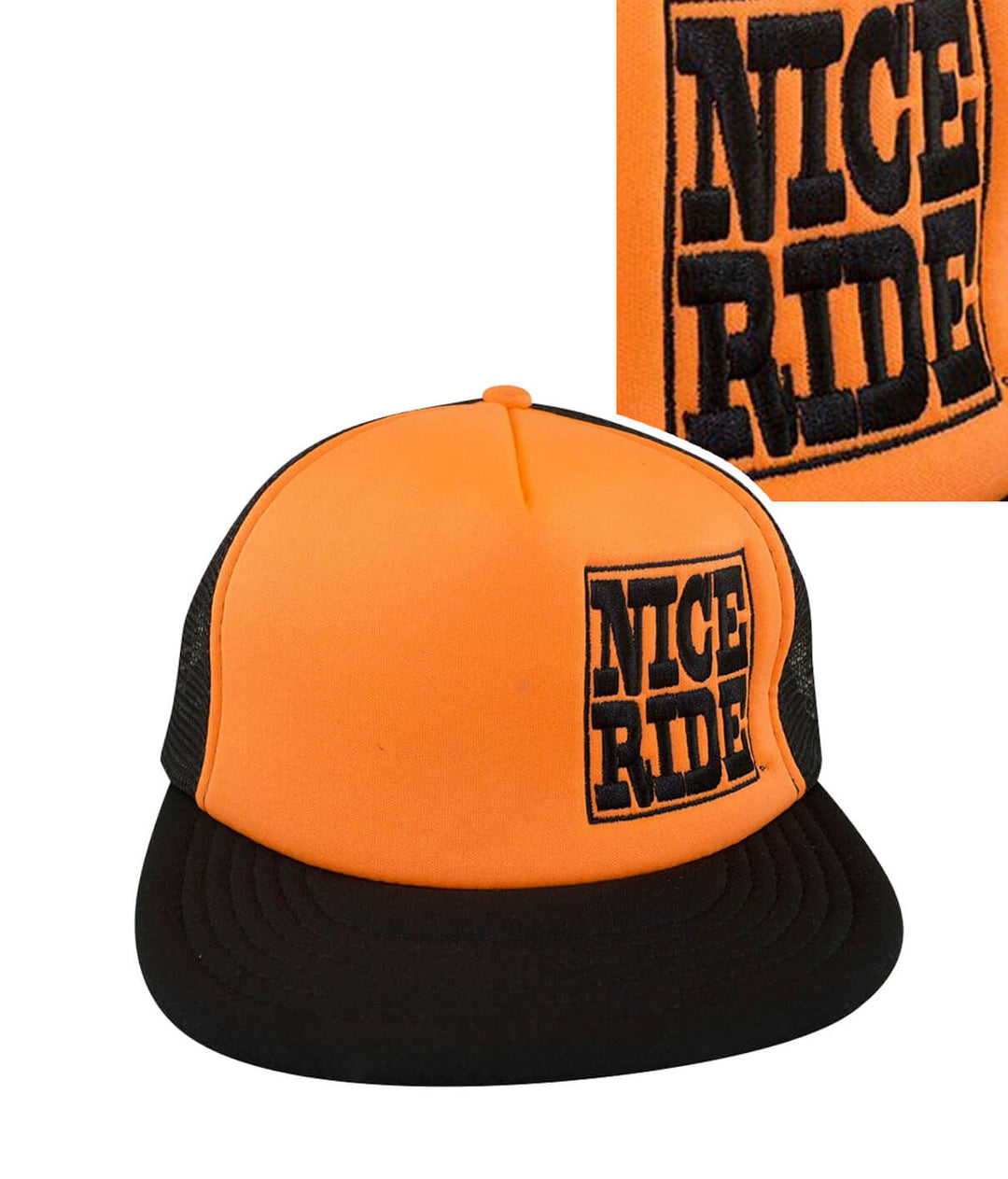 NR Trucker District Foam Trucker Hat with NICE RIDE embroidery on the front, black and orange design.