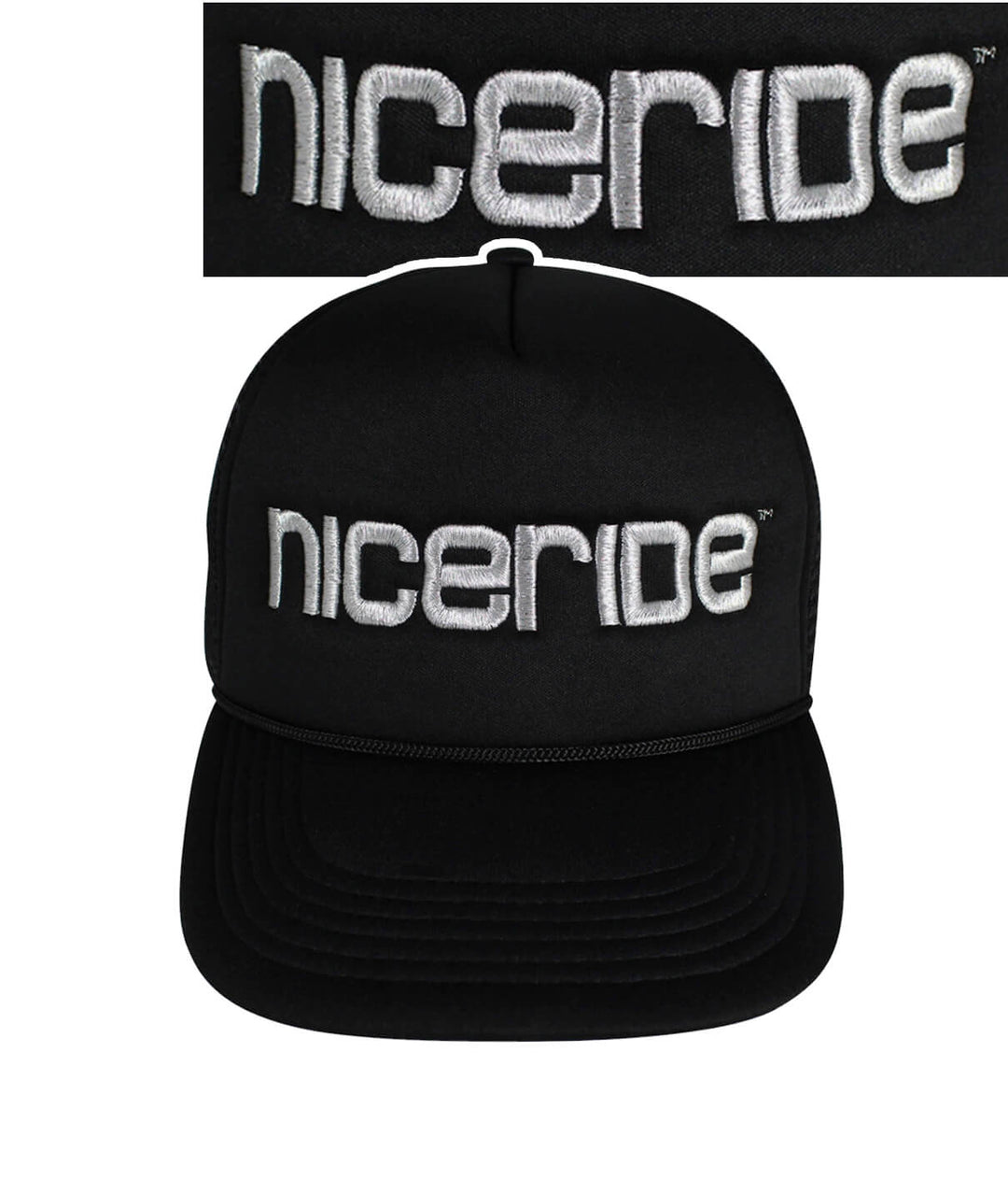 Bold Tower Black Foam Trucker Hat featuring NICERIDE logo embroidered on front, perfect stylish hat for any occasion.