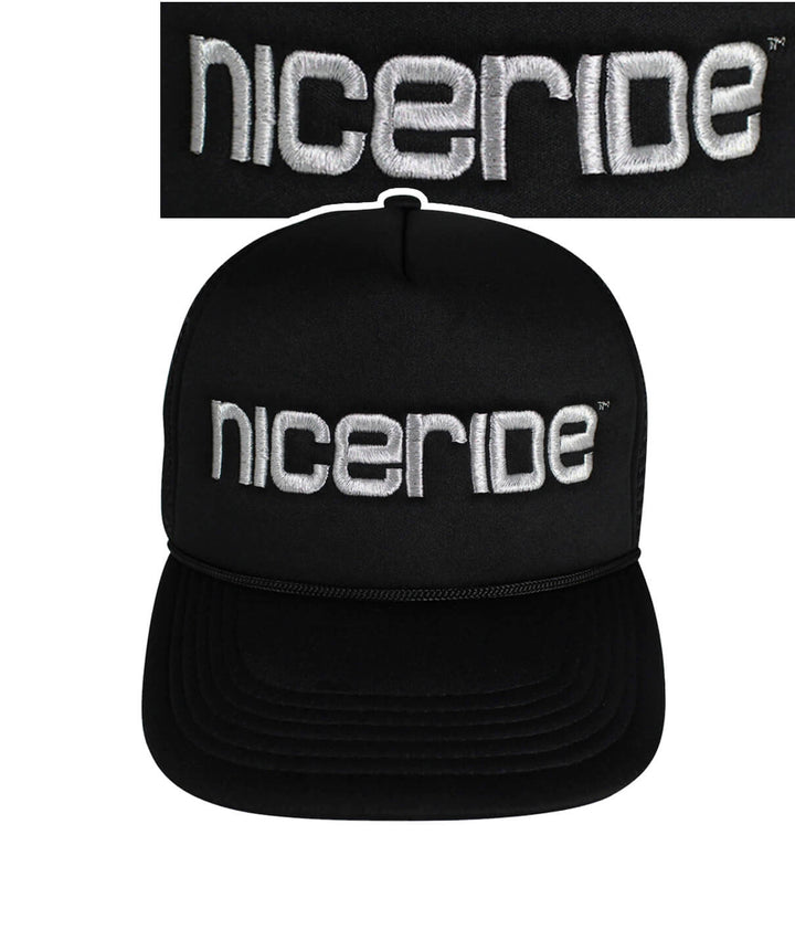 Bold Tower Black Foam Trucker Hat featuring NICERIDE logo embroidered on front, perfect stylish hat for any occasion.