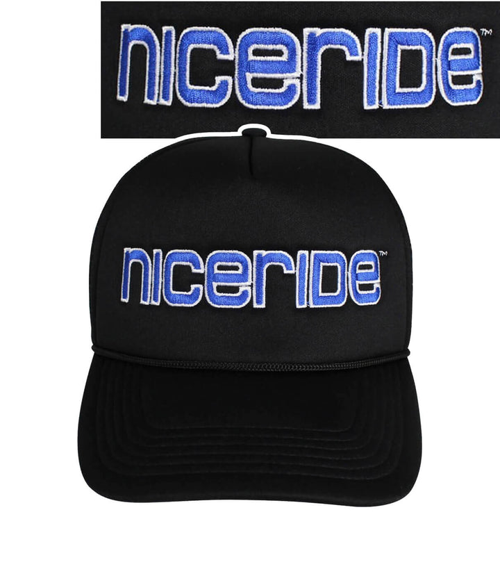 Bold Tower black foam trucker hat featuring embroidered nicerride logo on front.