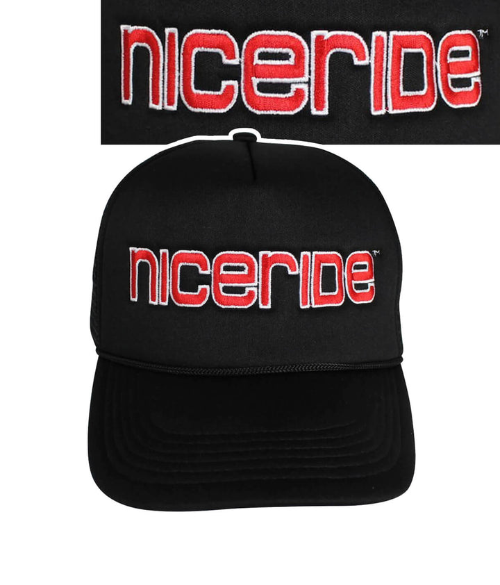 Bold Tower Black Foam Trucker Hat featuring NICERIDE logo embroidered on front and black palm logo on back.