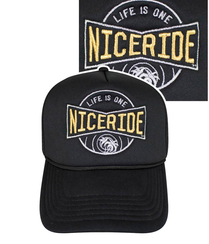 Black Foam Trucker Hat with NICERIDE logo and &