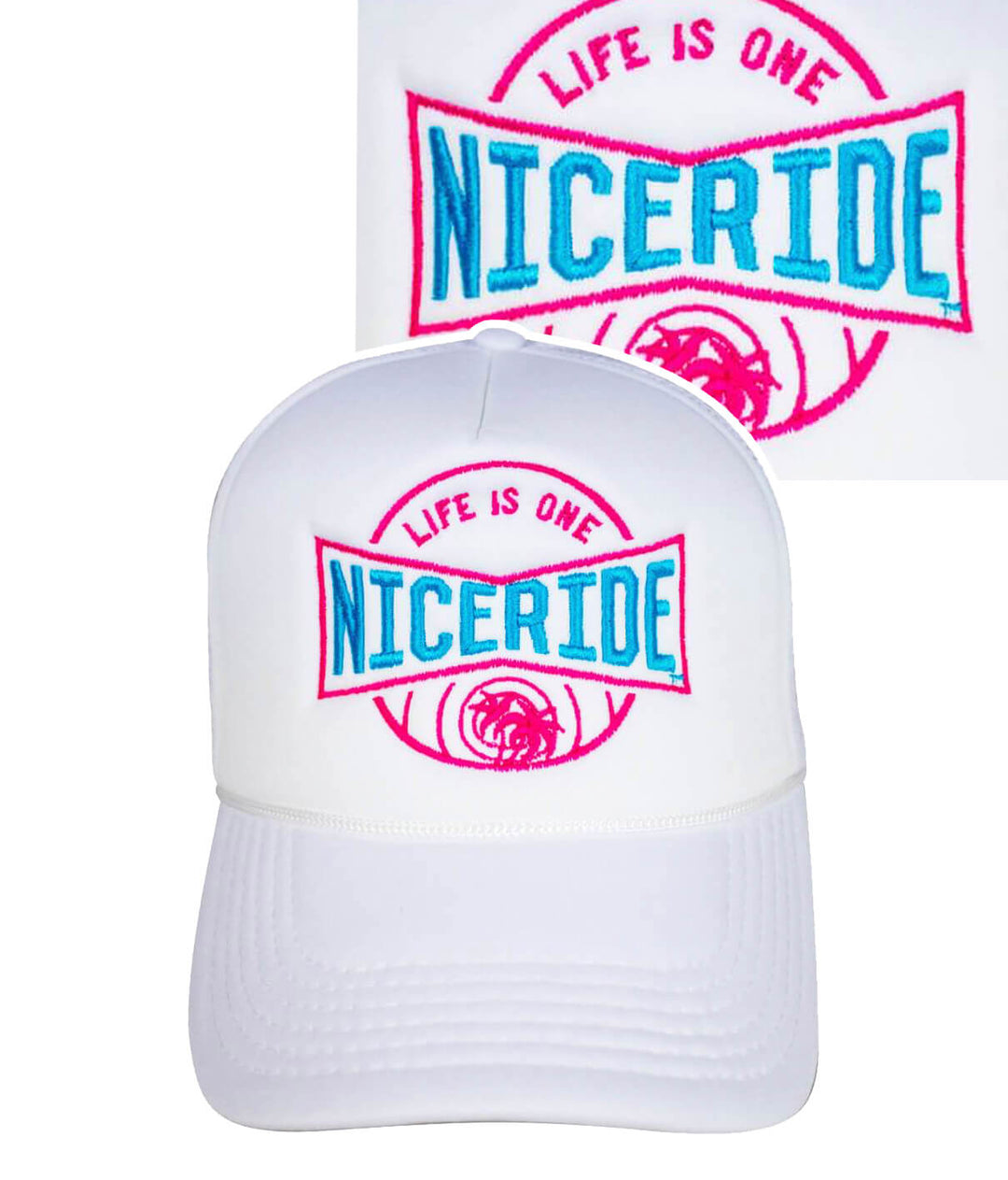 Foam Trucker Hat with NICERIDE logo and vibrant embroidery, perfect stylish hat for any casual outfit.