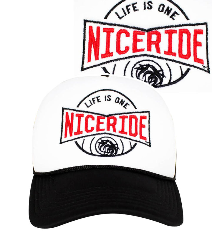 Bow Tie Foam Trucker Hat with NICERIDE logo embroidered on the front panel, showing a stylish design for a hat.