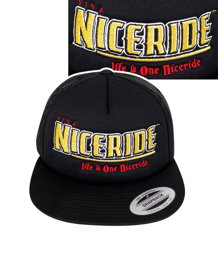 Viva NICERIDE Foam Trucker Baseball Cap featuring embroidered design and black palm logo, perfect hat for style.