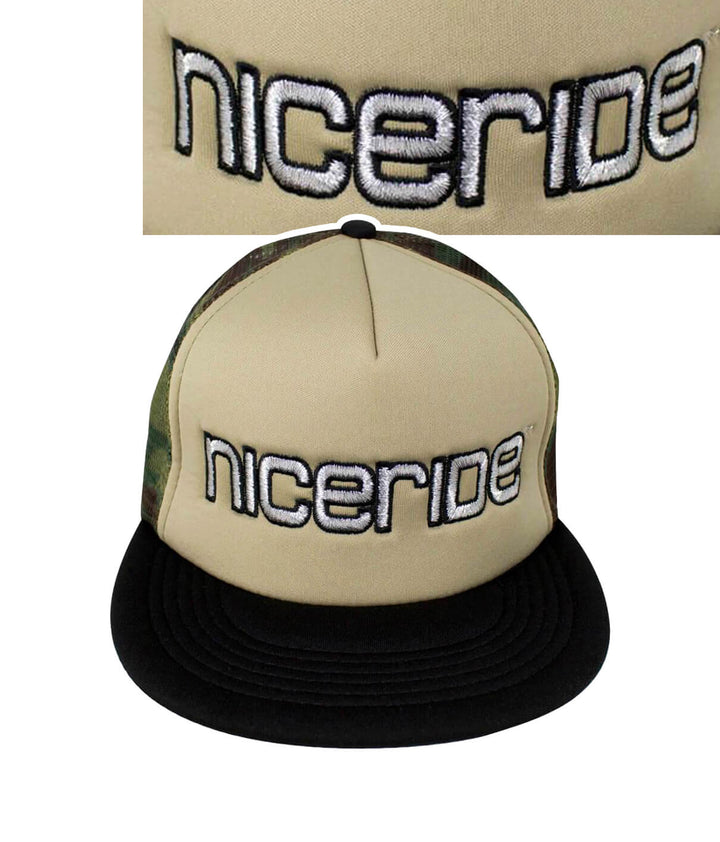 Bold Tower Camo Foam Trucker Hat by NICERIDE with embroidered logo on the front, perfect for stylish hat lovers.